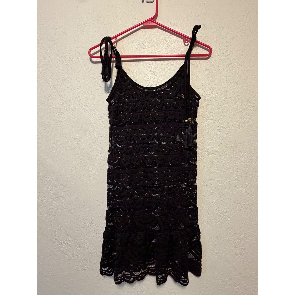 Spiaggia Dolce Black Crochet Lace Tassel Tie Shoulder Mini Dress Cover Up Small
